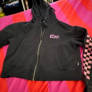 Vans Black Zip Hoodie with Pink Logo and Checker Sleeve